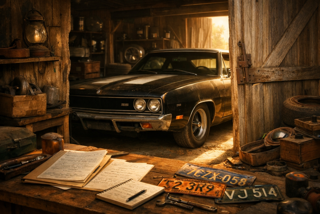 Classic black muscle car in a vintage garage with restoration notes, tools and old license plates on a workbench.