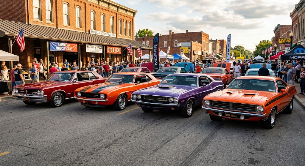 A lineup of classic 1960s and 1970s American muscle cars including a red Pontiac GTO, orange Chevrolet Camaro, purple Dodge Challenger, and orange Hemi 'Cuda parked along a small-town street during a car show.