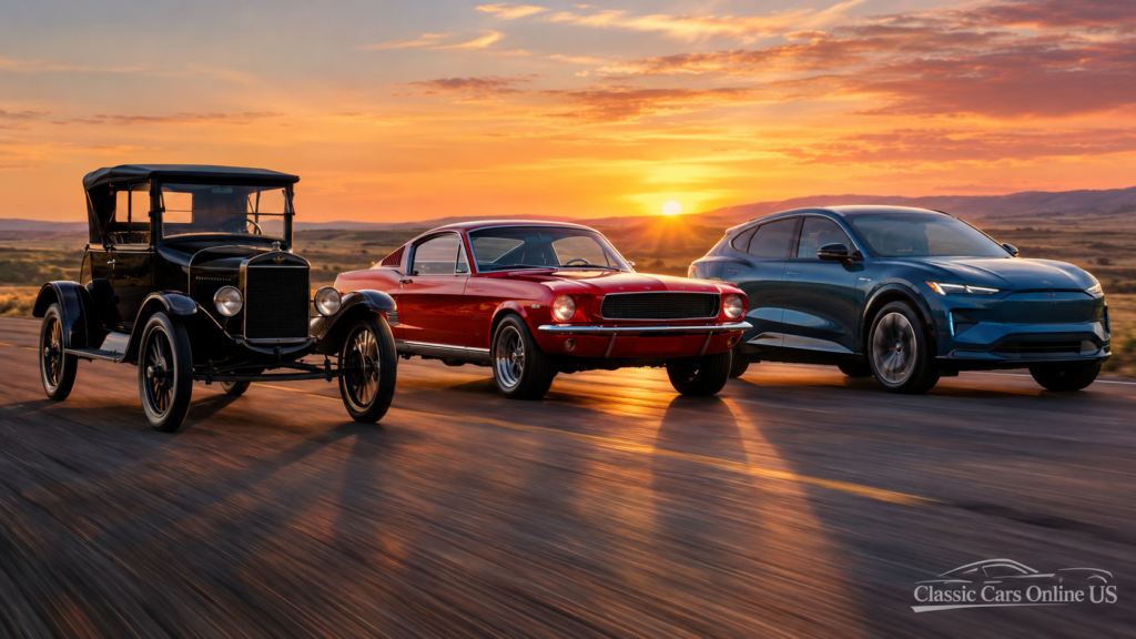 Ford Model T, a red 1960s Mustang fastback, and a Mustang Mach-E electric SUV driving side by side at sunset