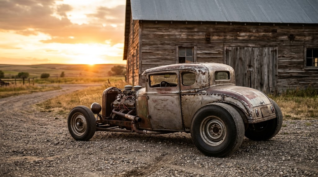 Rusty rat rod hot rod with an exposed V8 engine parked outside an old barn at sunset