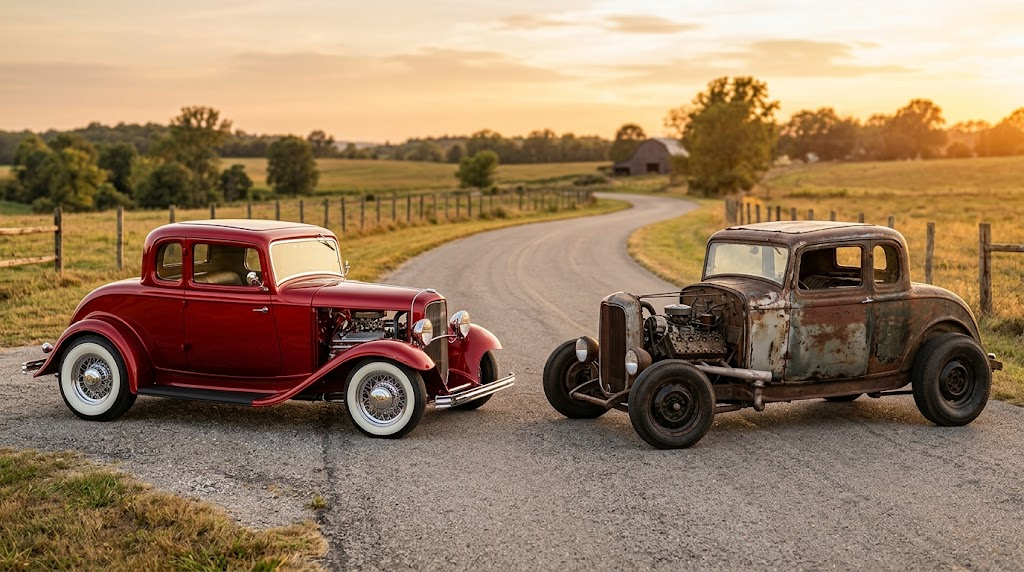 A polished red hot rod parked beside a rusty rat rod, showing the difference between the two styles