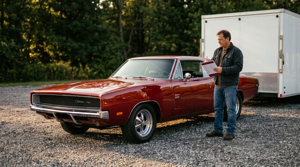 Man with a clipboard inspecting a red muscle car beside an enclosed trailer, using a printable transport checklist.