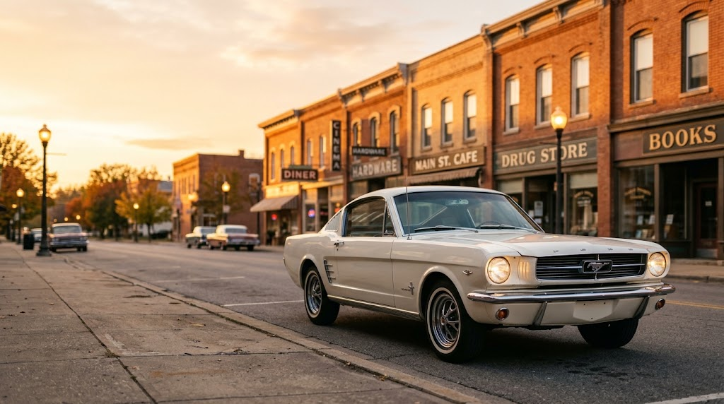 White 1965 Ford Mustang fastback parked on a vintage town street at golden hour