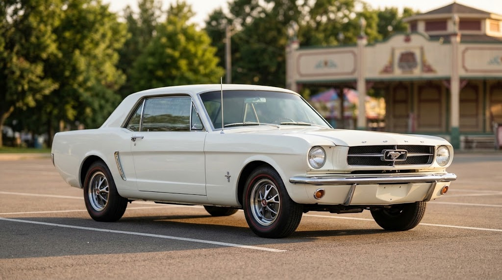 White 1964½ first generation Ford Mustang coupe parked in golden evening light