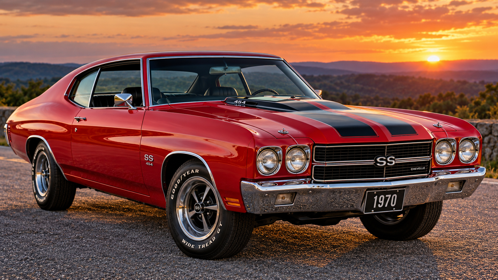 Red 1970 Chevrolet Chevelle SS 454 with black hood stripes parked on a scenic road at sunset.