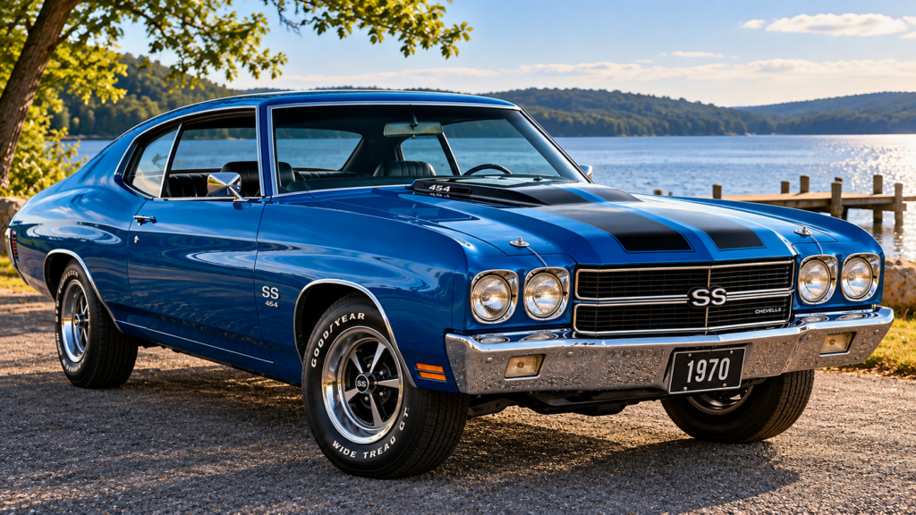 Blue 1970 Chevrolet Chevelle SS 454 with black hood stripes parked beside a scenic lake.