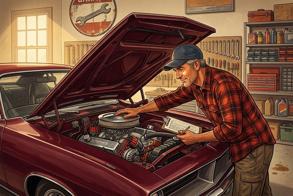 AI-generated illustration of a collector checking a classic muscle car's engine bay with a printed checklist.