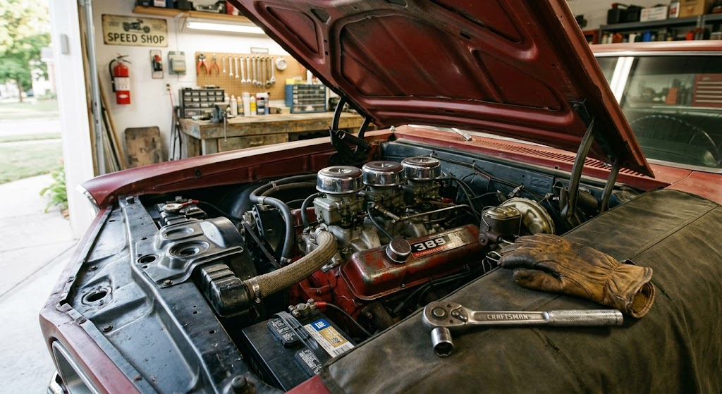 Open hood on a red 1960s Pontiac muscle car showing a 389 V8 with three carburetors, a work glove, and a ratchet in a home garage