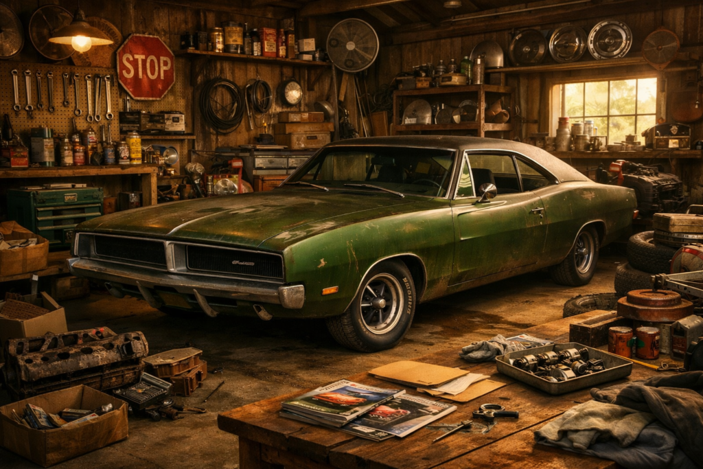 Vintage green American muscle car parked in a cluttered garage with automotive tools, spare parts and magazines nearby