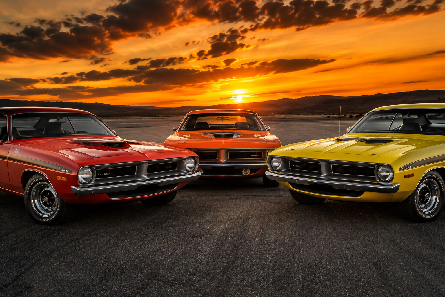 Three Plymouth Barracuda Cuda muscle cars in TorRed, Vitamin C orange, and Lemon Twist yellow parked nose-in against a dramatic fiery sunset sky