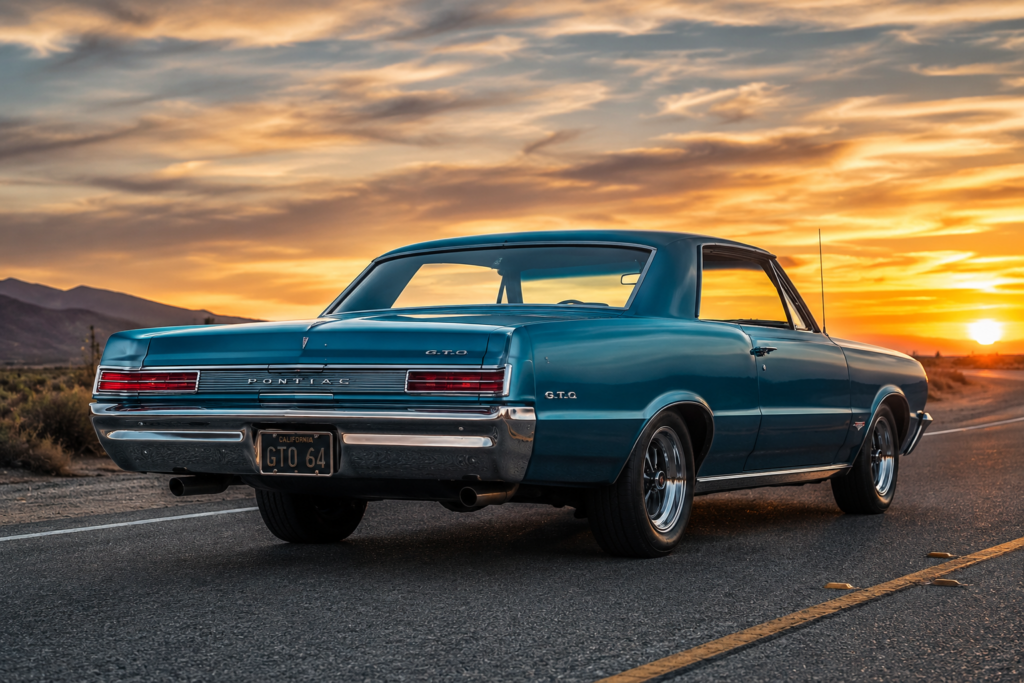 Rear three-quarter view of a 1964 Pontiac GTO hardtop in teal blue, showing chrome bumper and taillights against a golden sunset sky