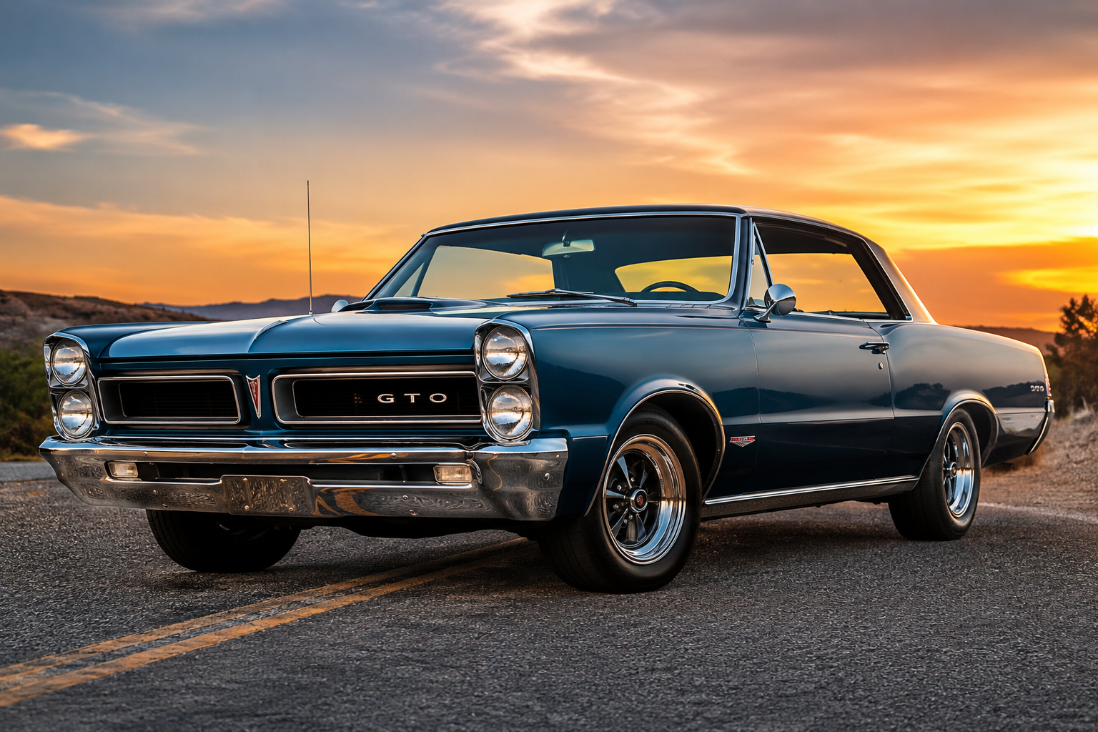 A restored 1964 Pontiac GTO in teal blue with chrome quad headlamps and split grille, photographed at golden hour