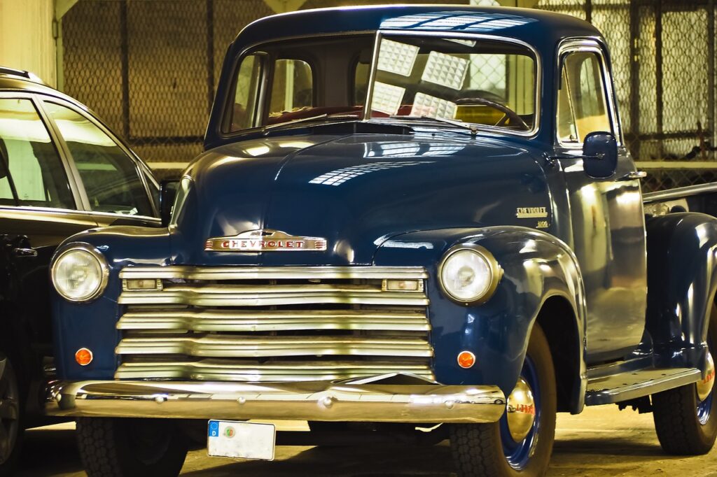Classic Chevy truck painted a dark, dusky shade of blue
