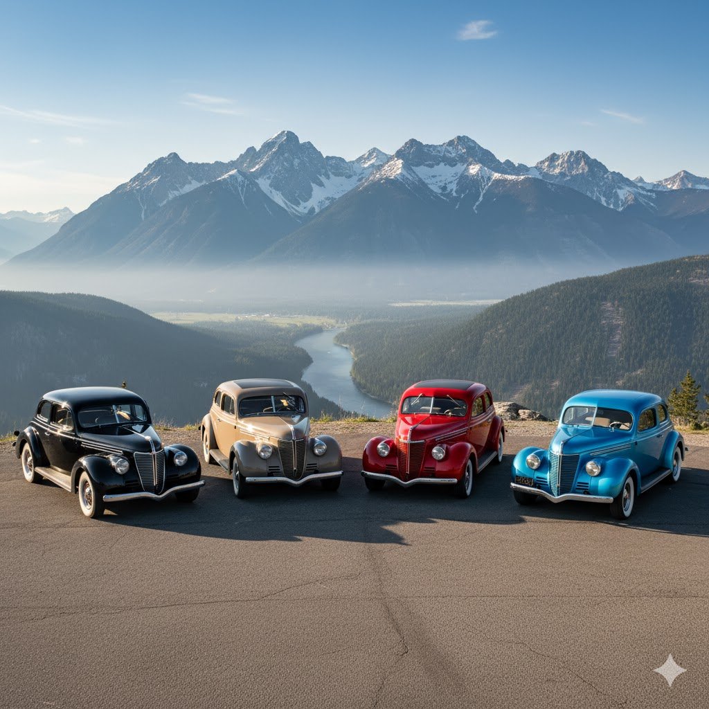 four hudson terraplanes parked on a cliff with mountains in the background