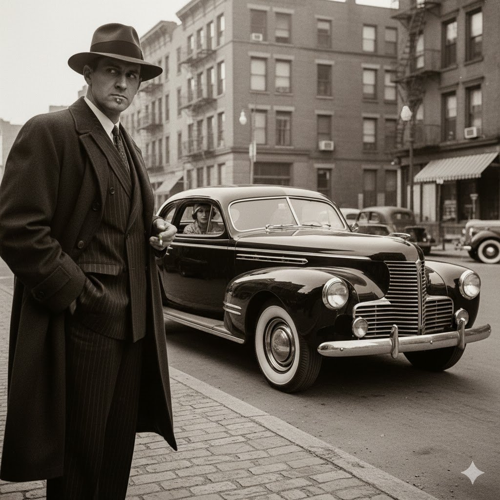 stylized 1939 LaSalle Coupe with smoking man in fedora on the sidewalk and a flapper in the car that's driving away
