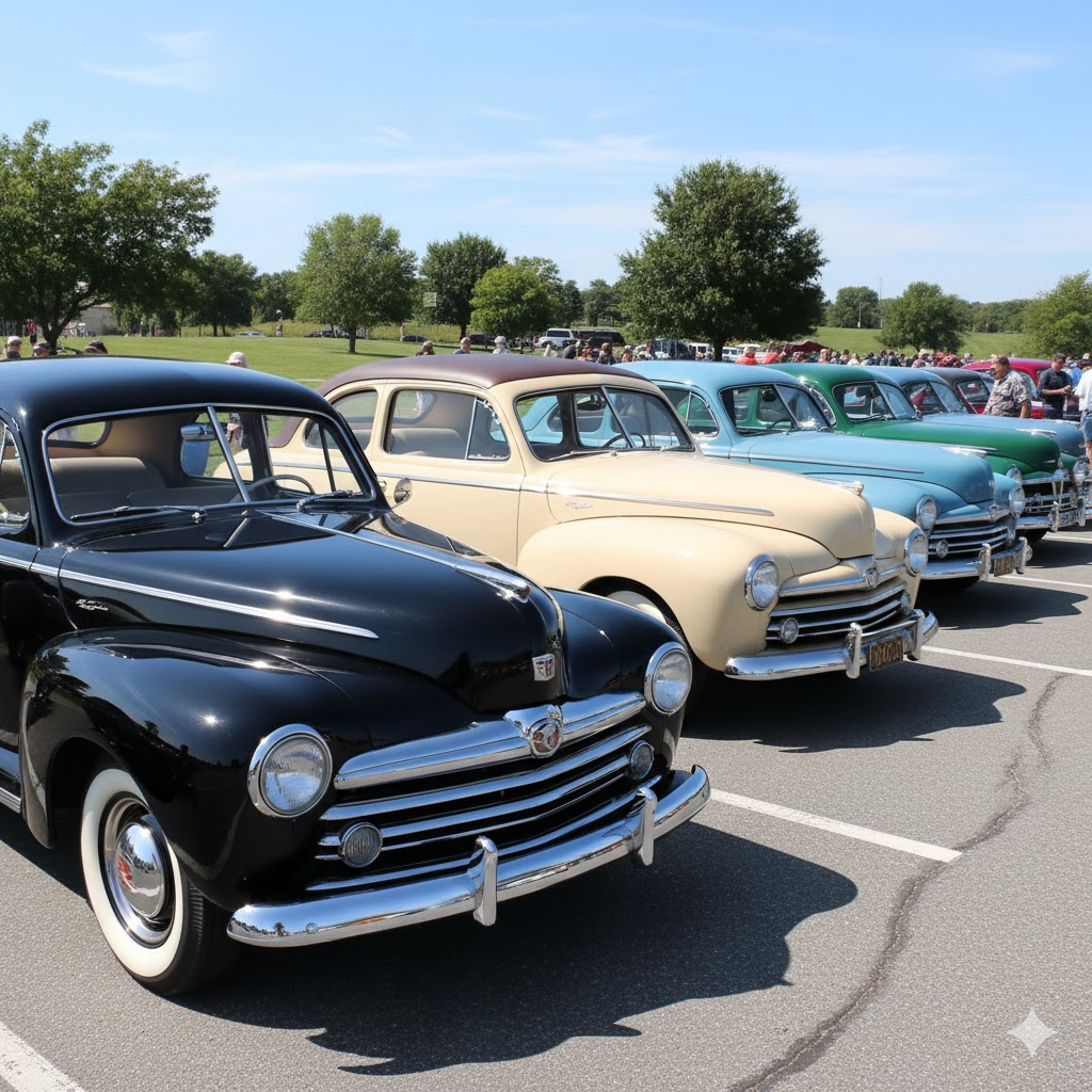 Stylized image of several 1946 Ford Super Deluxe coupes parked together at a car show