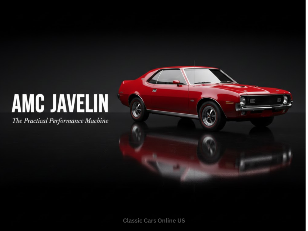 Red AMC Javelin muscle car on a glossy black surface with reflection, titled “The Practical Performance Machine.