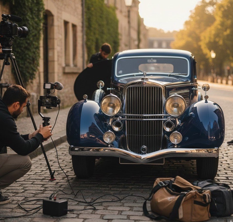 Behind-the-scenes filming of a classic car during a video and photography shoot, with camera equipment visible.
