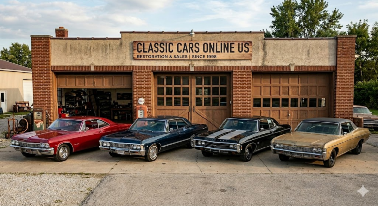 simulated image of Four 4th generation chevy Impalas parked in front of the Classic Cars Online US garage