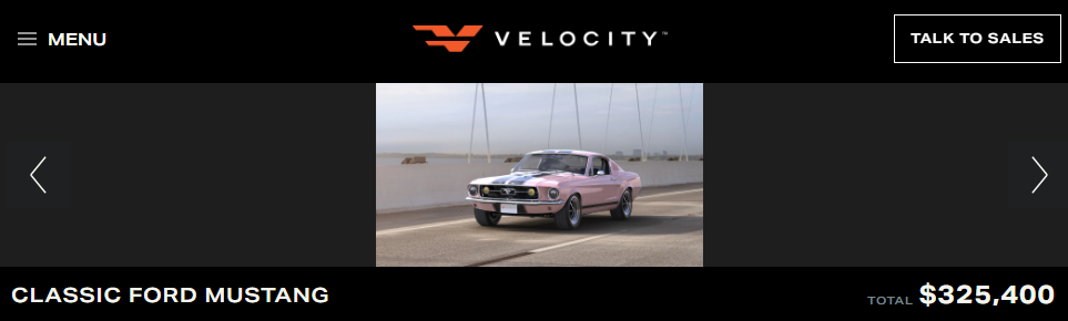 Screenshot of custom pink Ford Mustang designed in the Velocity Restoration classic car configurator