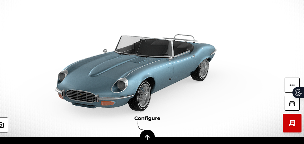 Screenshot of an opalescent silver blue electric conversion Jaguar Roadster designed in the E.C.D classic car configurator 