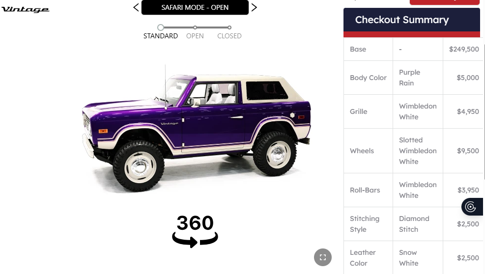Screenshot of a classic custom Ford Bronco designed in the VintageModern Classic Car Configurator