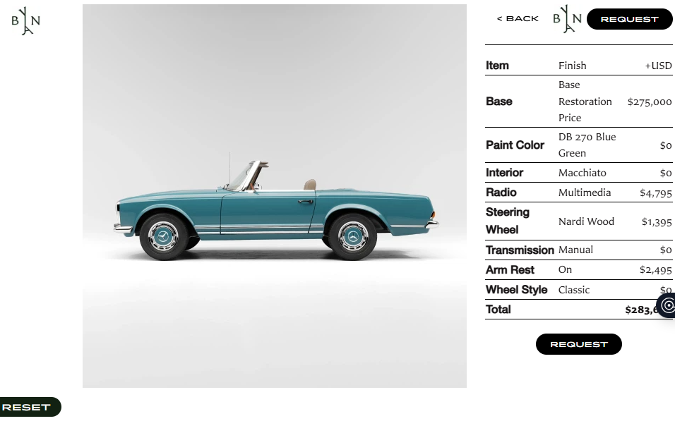 Screenshot of customized Mercedes-Benz 280SL Pagoda designed in the Banyan Motors Car Configurator