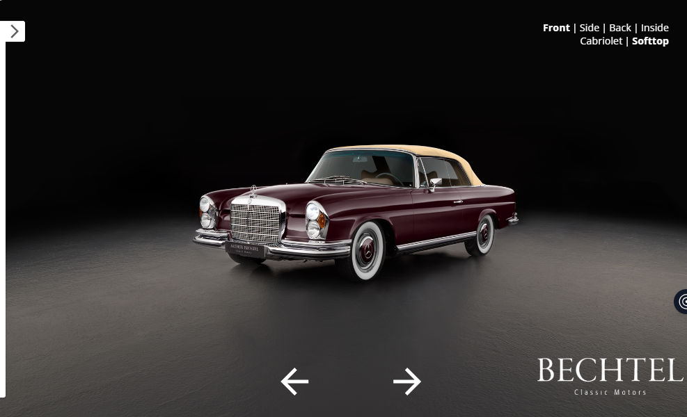 Screenshot of Customized Mercedes Benz 280SE designed in the Bechtel Classic Motors car configurator.