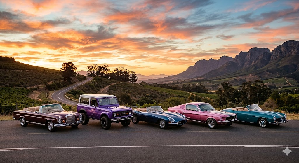 Five classic and restomod cars lined up at sunset including a burgundy Mercedes convertible, purple Ford Bronco, Jaguar E-Type, pink Mustang fastback, and teal Mercedes roadster