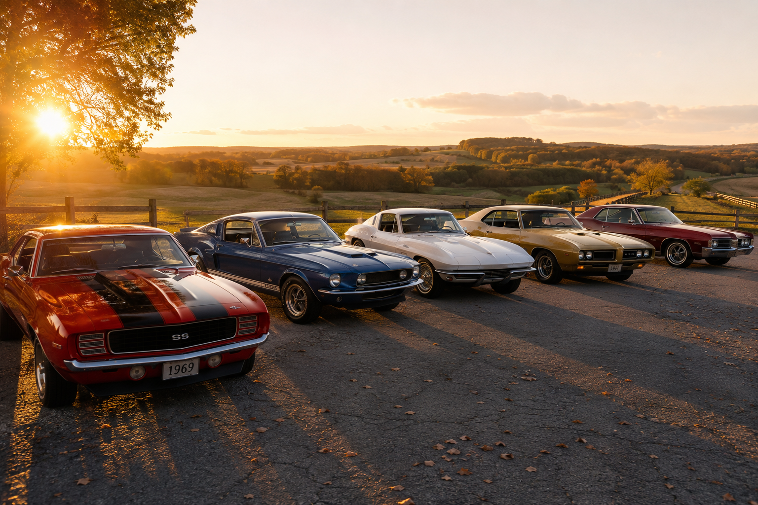 Lineup of five classic 1960s American muscle cars parked in a row at sunset, including a red Camaro SS, blue Shelby Mustang, white Corvette Sting Ray, and gold Pontiac GTO, on a country road with autumn trees in the background.