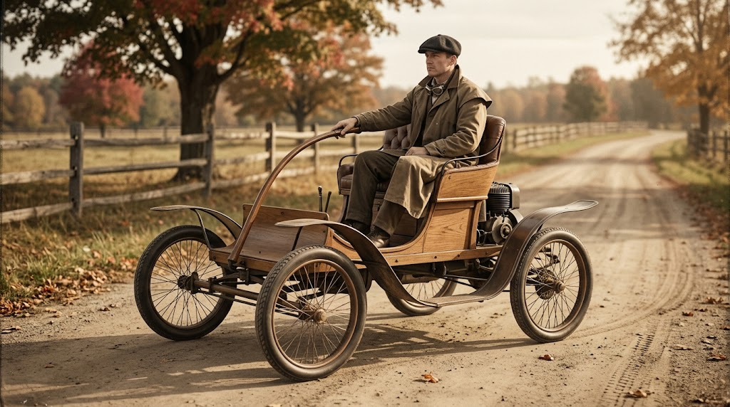 1907 Waltham-Orient Model B R runabout with tiller steering on a country road