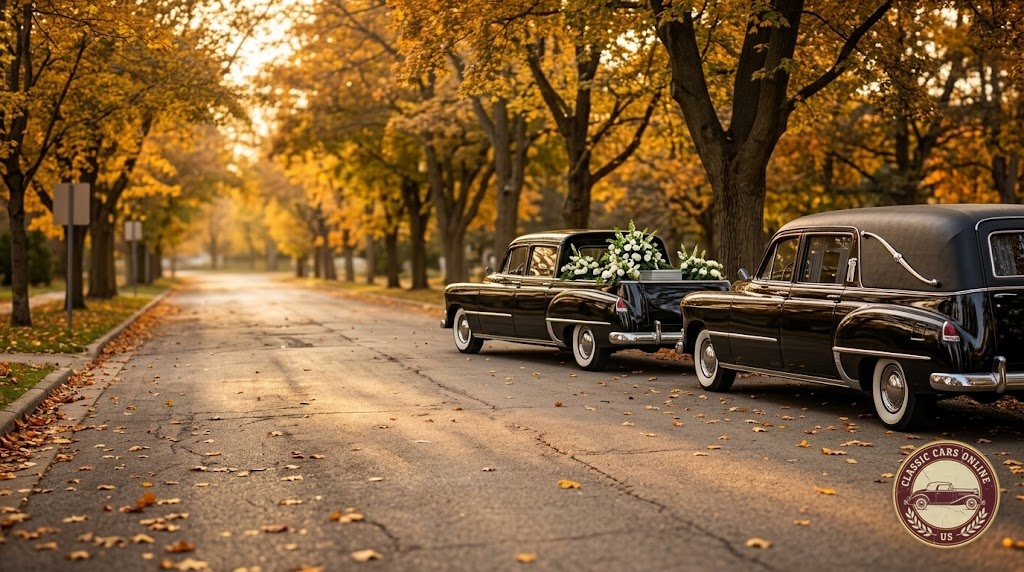 Vintage black funeral coach and matching flower car parked on a tree-lined lane in autumn light