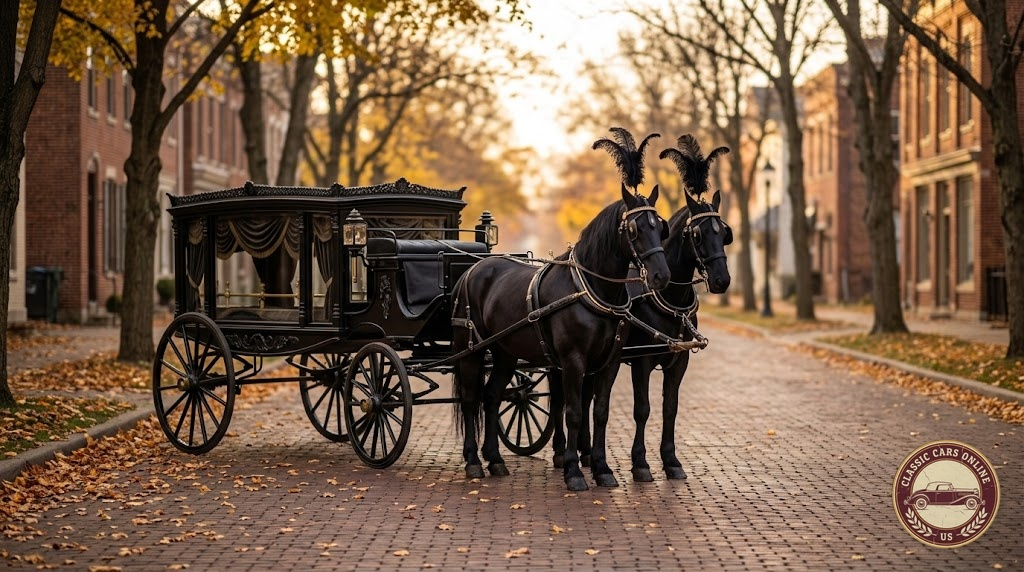 Antique horse-drawn funeral carriage with two black horses on a quiet brick street in morning light
