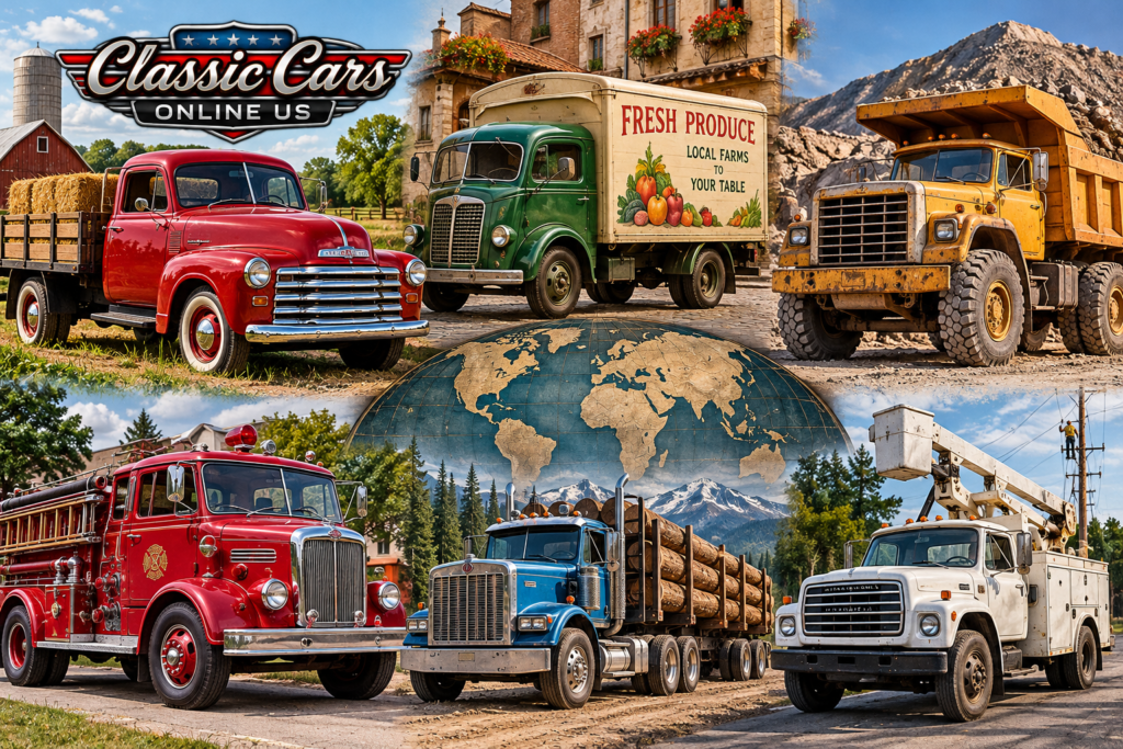 Historic working trucks used in agriculture, public services, delivery and construction.