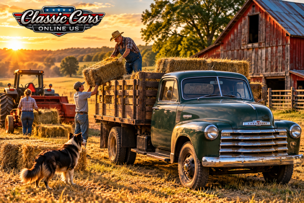 Family loading hay onto a vintage green farm truck beside a barn at sunset.