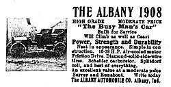 Vintage 1908 newspaper advertisement for the Albany automobile, headed 'The Busy Man's Car,' with a small illustration of a car and a block of sales text.