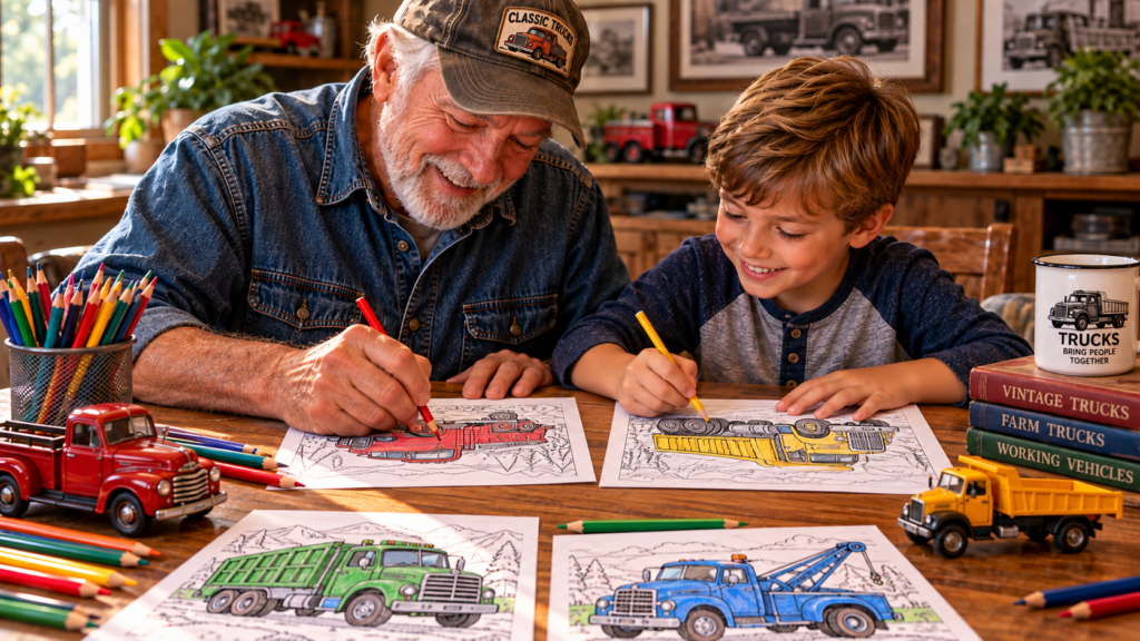 Grandfather and grandchild coloring working truck illustrations together.
