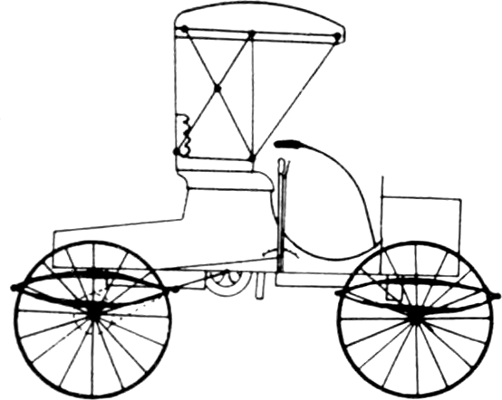 Black-and-white line drawing of a 1907 buggy-style runabout with a tall folding top, thin spoked wheels, and a tiller steering lever.