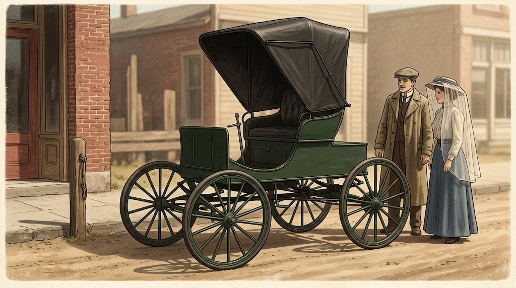 1907 Albany Run-a-bout illustration: green buggy-style car with a folding top on a small-town Indiana street.