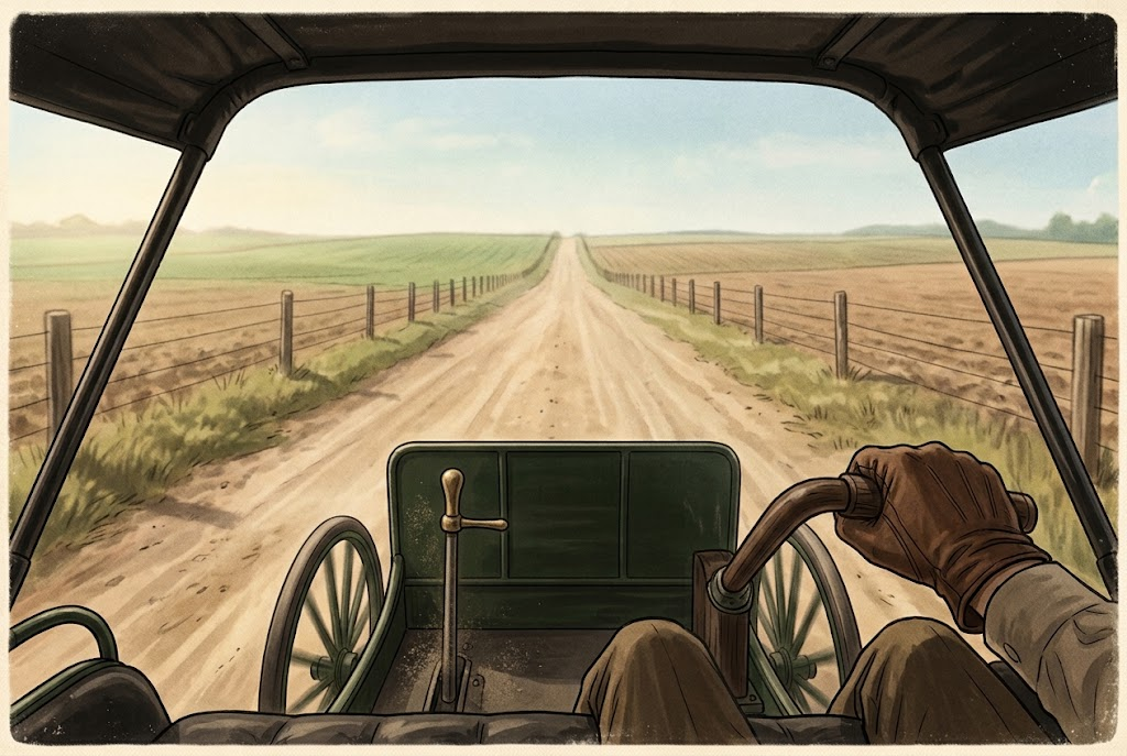 First-person view from the seat of an early 1900s buggy-style car, with a gloved hand gripping a curved wooden tiller mounted on a post and a brass lever beside it, looking down a straight dirt road between farm fields and wire fences.