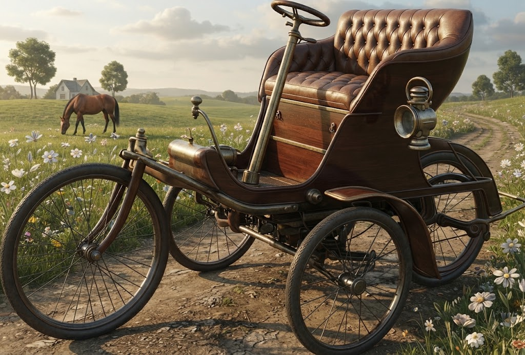 AI-envisioning of a 1907 Vandegrift Autocycle Runabout on a country road in front of a farm with a horse