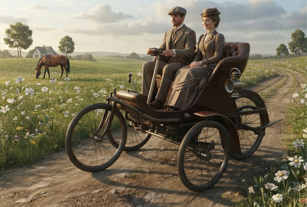 Happy couple in a 1907 Vandegrift Autocycle Runabout